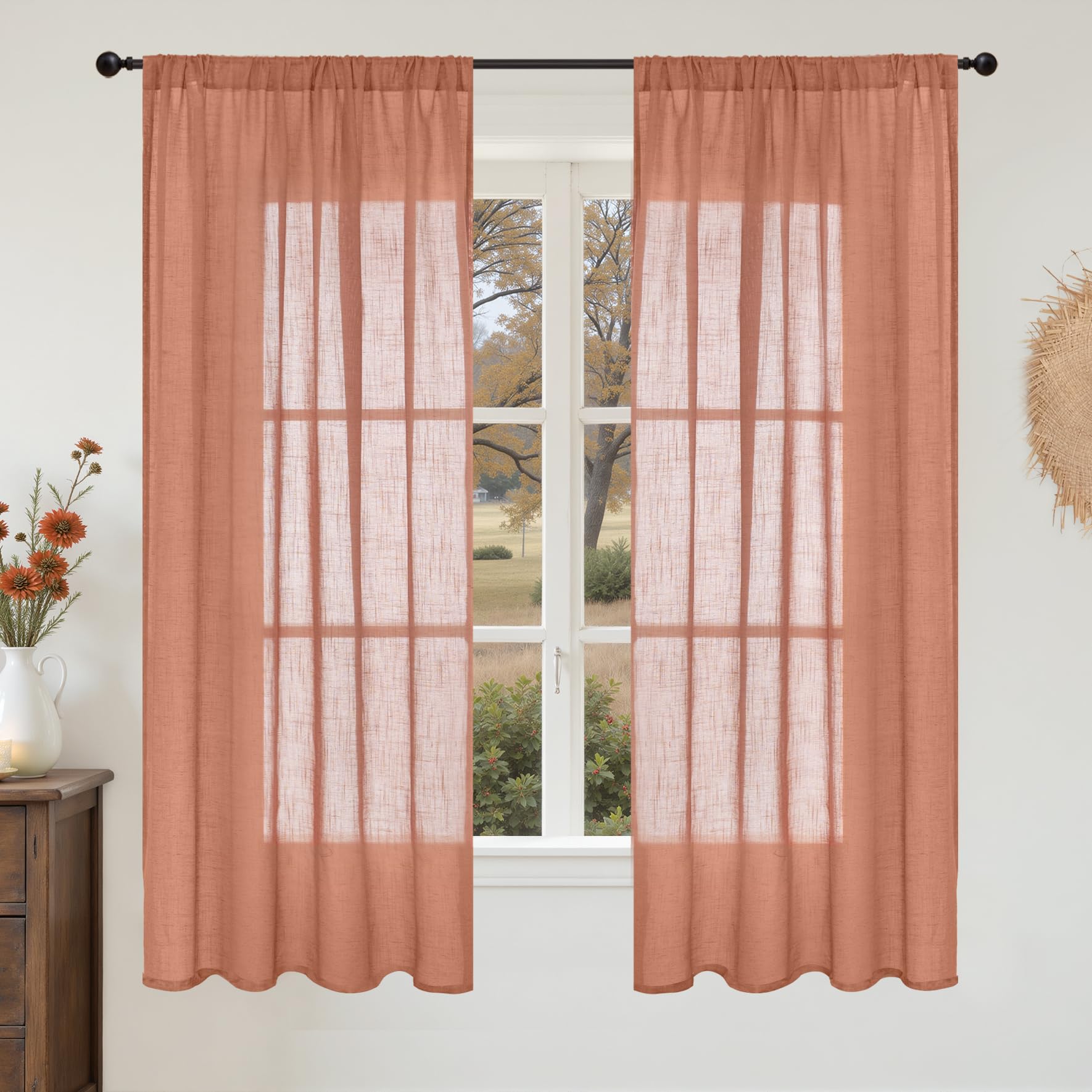 BGment Terracotta Linen Curtains 63 Inches Long for Living Room Windows, Semi Sheer Drapes Rustic Textured for Farmhouse Bedroom Decor with Rod Pocket Lightweight, 2 Panels Set, Each 42 Inch Wide