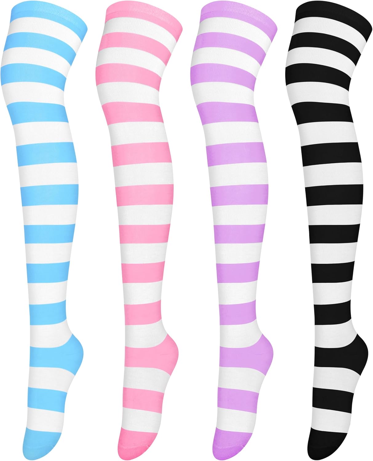 Aneco 4 Pairs Over Knee High Stripe Socks Halloween Cosplay Accessories Thigh High Socks for Adult Woman Girls