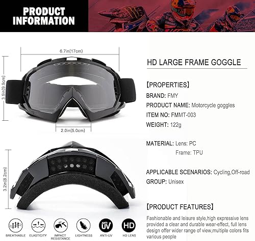 Miniatura 9 de FMY Gafas de motocross para hombres, mujeres y jóvenes, antiarañazos, a prueba de polvo, UV400 ATV