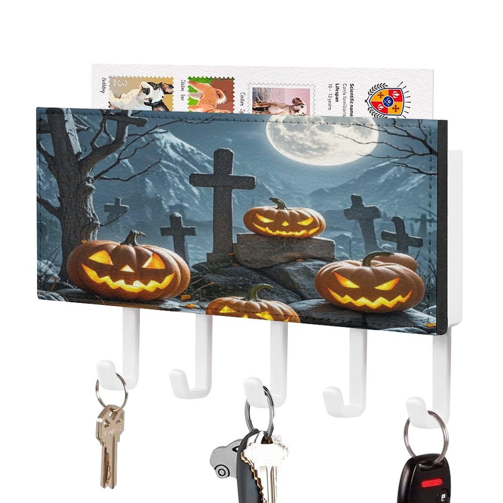 FekiLoot Cemetery Pumpkin Lantern Key Holder for Wall Decorative Mail Organizer with 5 Key Hook Self Adhesive Key Rack with Tray Coat Rack Wall Mount Key Hanger Decor for Entryway Door