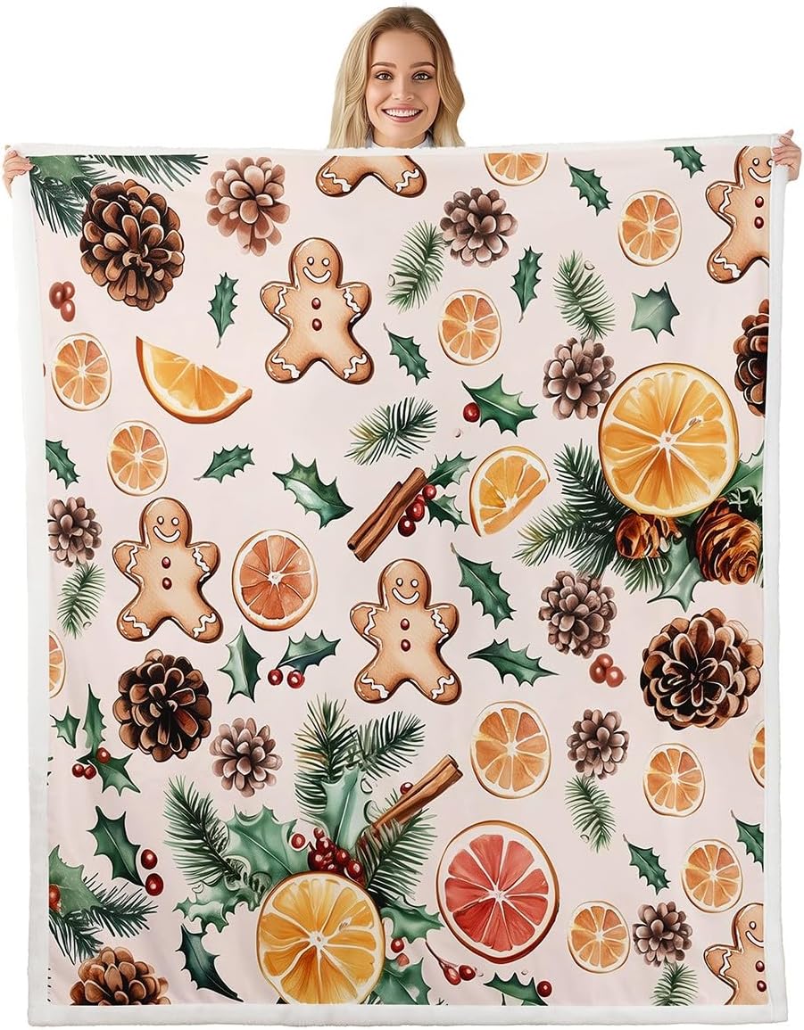Feelyou Merry Christmas Sherpa Blanket - Cute Gingerbread Man Orange Plush for Kids Boys Girls - Vintage Christmas Fleece Throw - Soft Fuzzy for Sofa Bed Couch 50"x60"