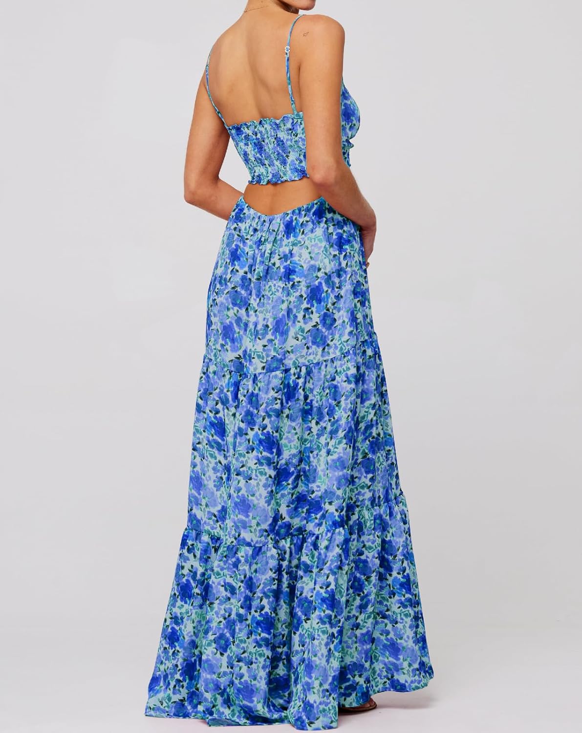 Summer Floral Sundress for Women Spaghetti Straps Hollow Out Tie Front Maxi Dress Flowy Smocked Bohemia Dress - Image 2