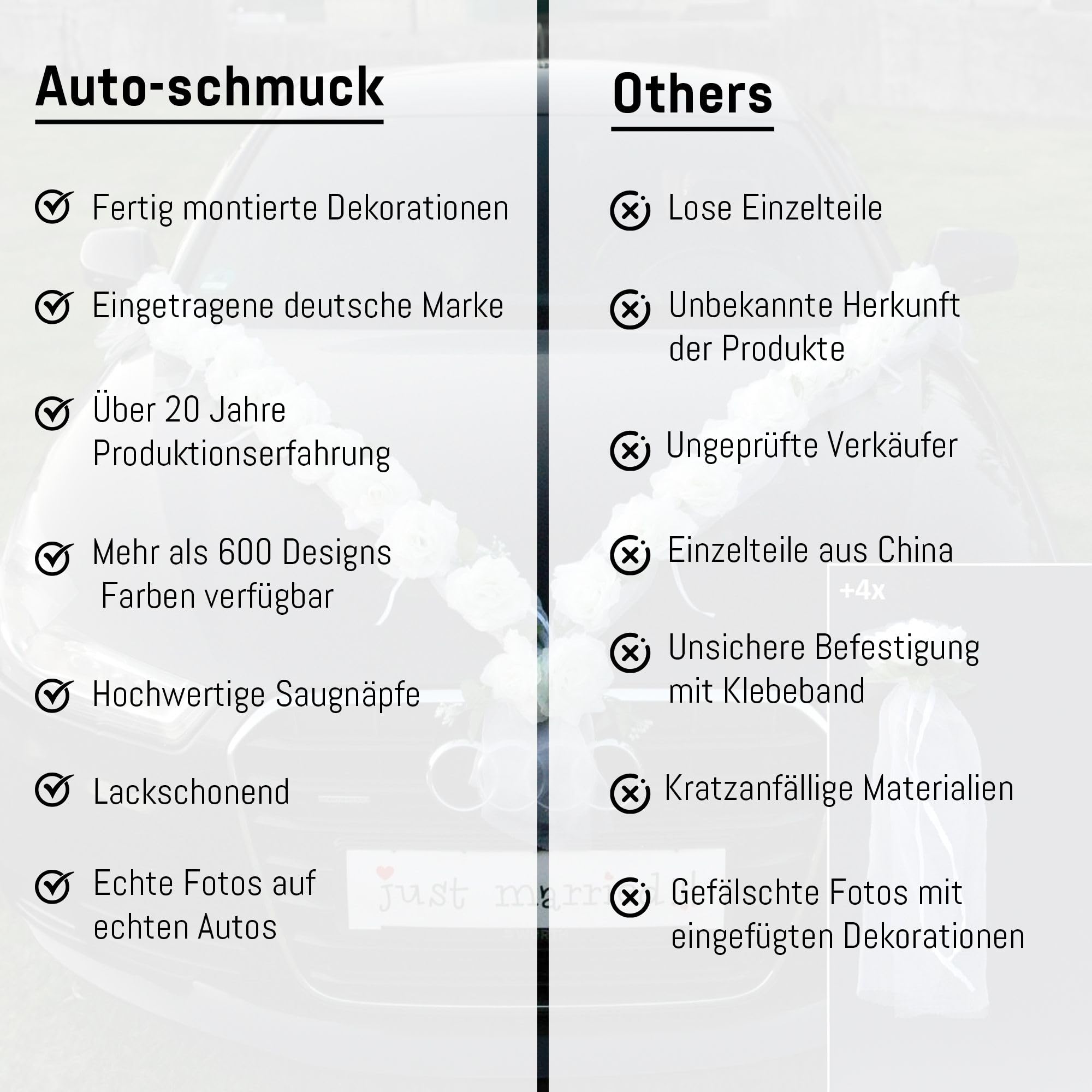 Rosen Girlande Braut Paar Rose Deko Dekoration Autoschmuck Hochzeit Car Auto Wedding ®Auto-schmuck Deko (Weiß/Weiß)