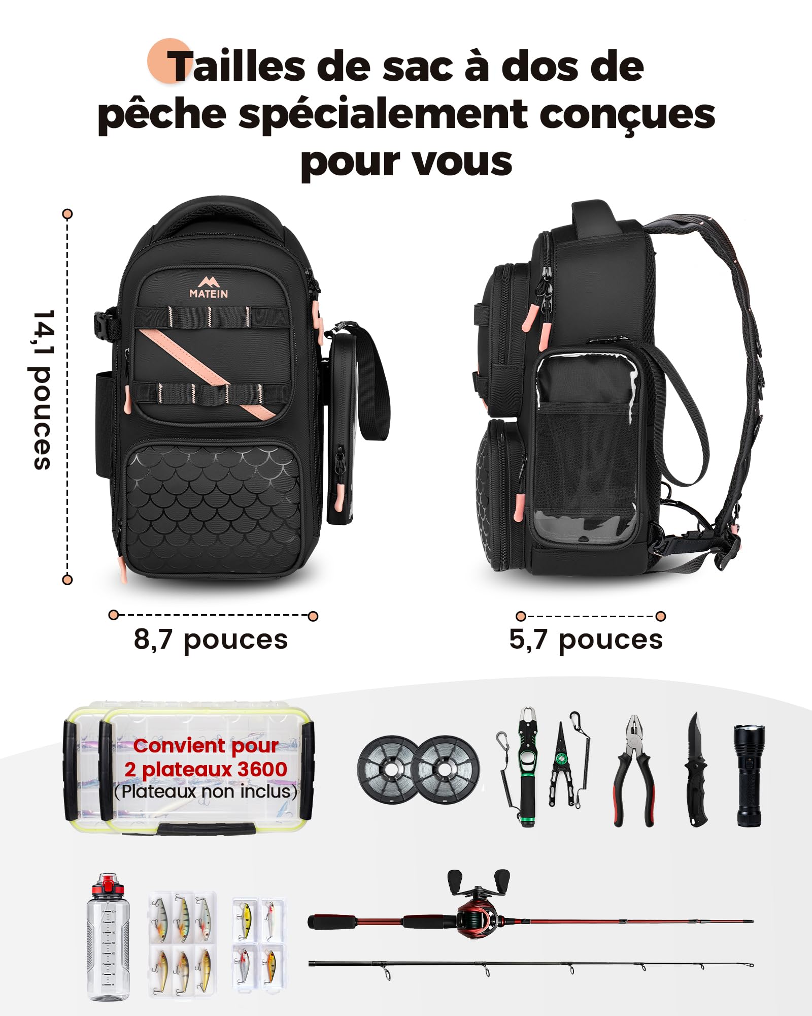 MATEIN Sac de Pêche avec Porte-Canne et Poche pour Téléphone, Noir | Petit Sac a Dos Peche Imperméable pour Femme avec Porte-Esches Amovible et Compartiment Isotherme, 2-en-1, Cadeau Pêcheur