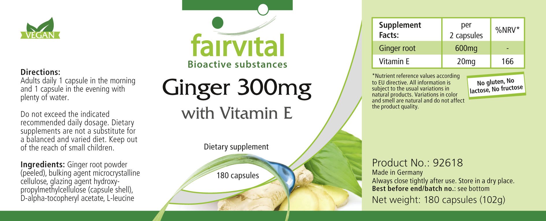 fairvital Ingwer Kapseln 300mg mit Vitamin E, 180 Kapseln, schluckfreundlich, HOCHDOSIERT, VEGAN