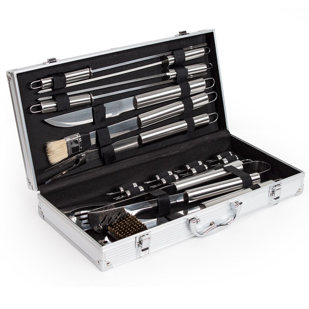 tectake® Set Barbecue Acciaio Inox, Accessori Barbecue con Valigetta Alluminio, Utensili Griglia, kit Barbecue Completo, Posate Barbecue, Spatola Pinza Forchettone, 18 Pezzi