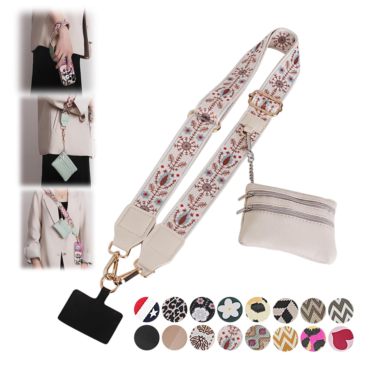 RENUIS Phone Strap with Zippered Pouch, Clip and Go Strap for Phone with Wallet Crossbody, Adjustable Crossbody Phone Strap
