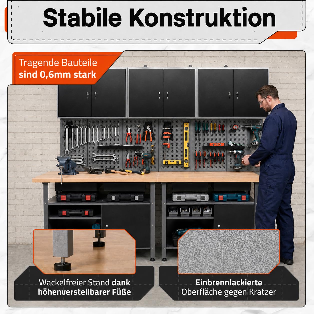Ondis24 Werkstatteinrichtung Werkstatt Set Werkbank Fritz Hängeschrank Werkzeugwand Metall Schwarz Grau (3X Hängeschrank Ben, 240 cm), Buchenholzarbeitsplatte