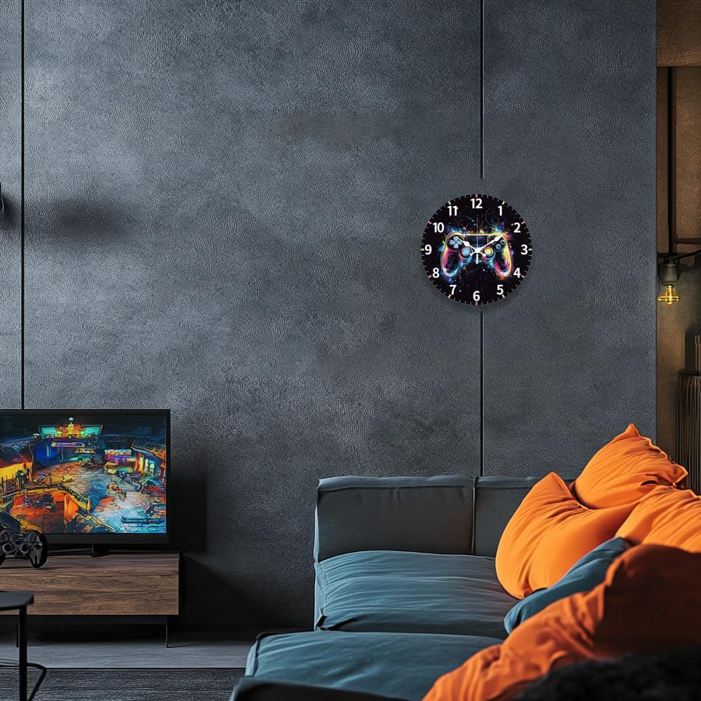 CHGCRAFT Colorful Gamepad Pattern Wall Clock 12 Inch Non-Ticking Clocks Round Wall Hanging Clock Battery Operated for Bedroom Living Room Kitchen Office