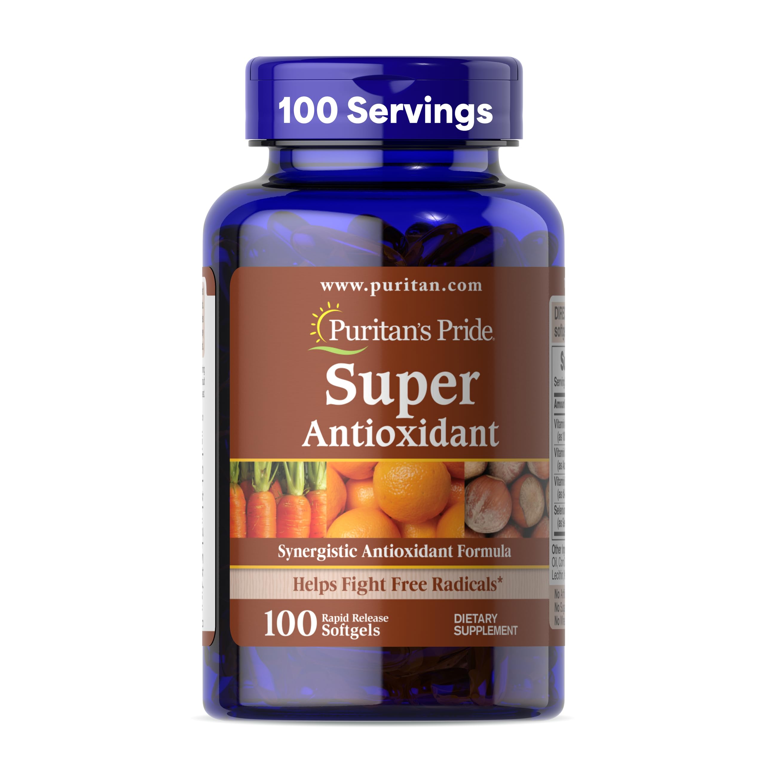 Puritan's Pride Premium Super Synergistic Antioxidant Formula, Dietary Supplement to Help Fight Premature Aging*, Vitamins A, C, E, and Selenium Mineral, 3 Month Supply, 100 Rapid Release Softgels