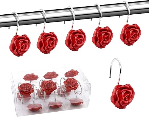 BEAVO Ganchos para cortina de ducha, ganchos decorativos para el hogar, ganchos para cortina de ducha a prueba de óxido, anillos de resina con rosas