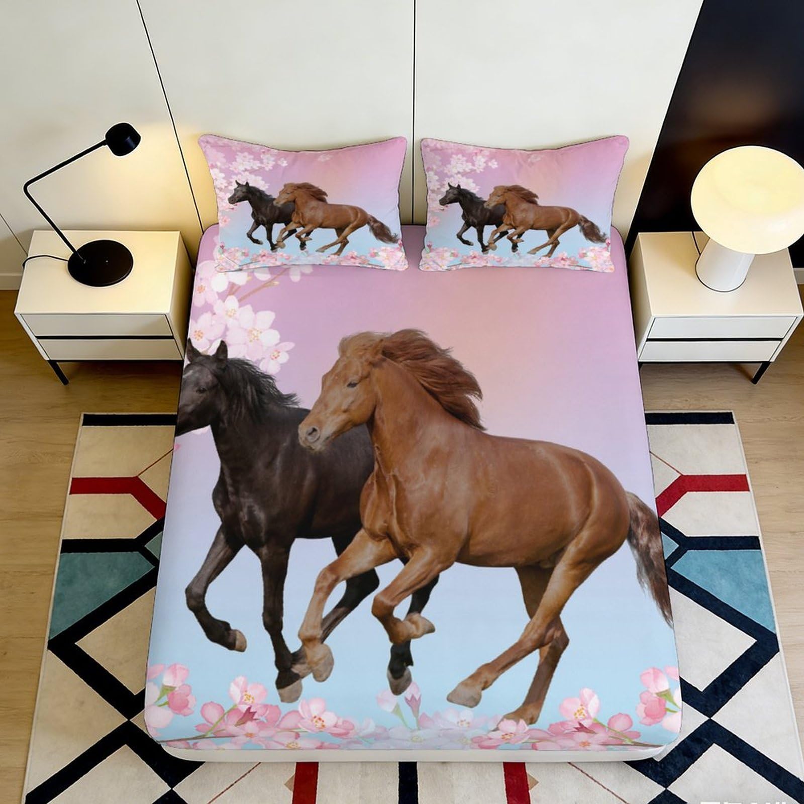 3D Printed Running Horses Fitted Sheet Microfiber Anti-Slip Mattress Cover Floral Decor for Bedroom Guest Room 90x200x25cm