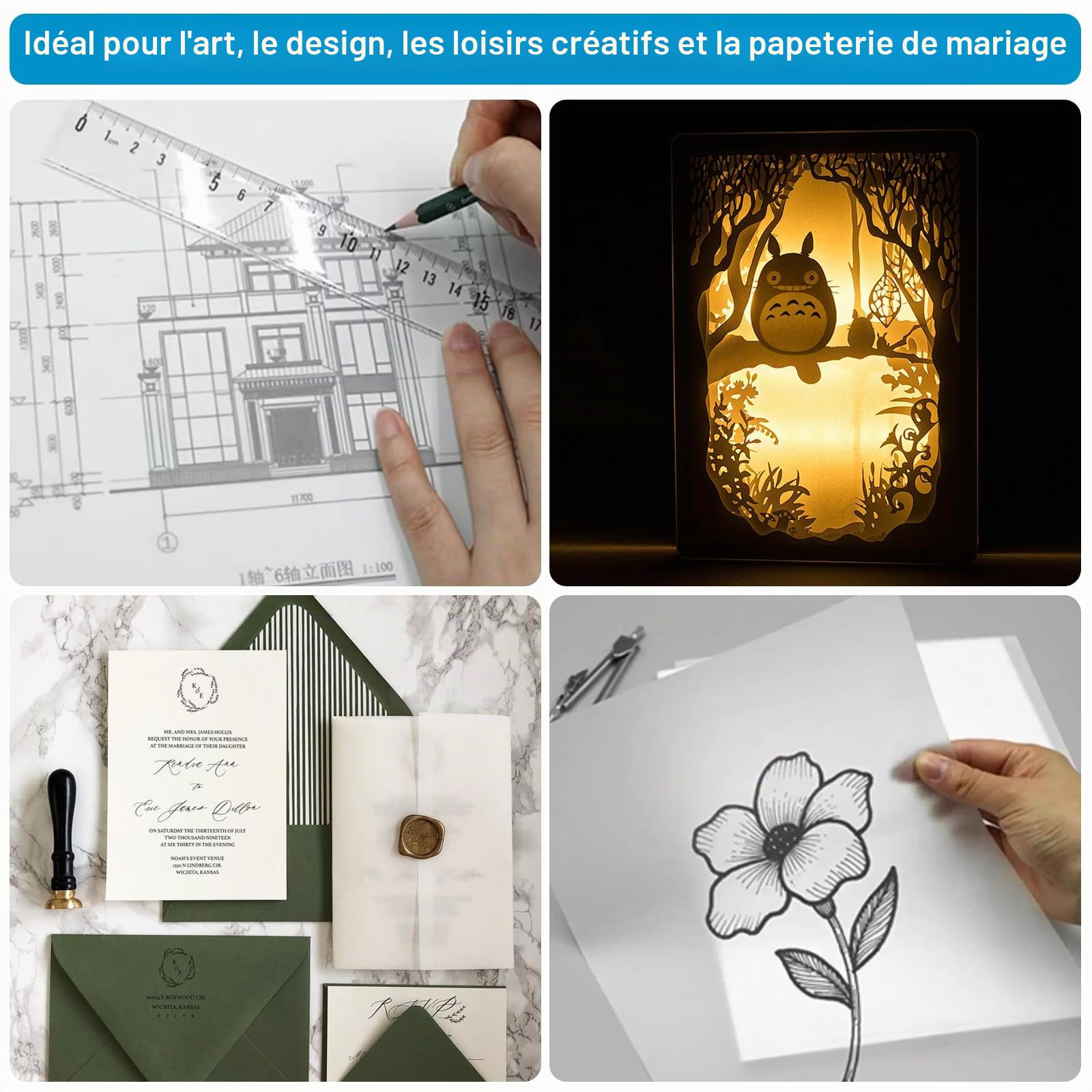 Kievano Papier Calque Imprimable A4 110 g/m² – 100 Feuilles Papier Transparent Épais pour Imprimante Jet d’Encre & Laser, Dessin, Architecture, Couture, DIY