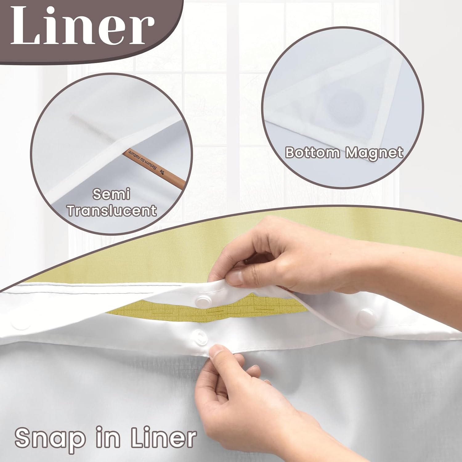 SORTTO No Hook Slub Textured Shower Curtain with Snap in Liner - Yellow Fabric Outer Curtain & Waterproof Inner Liner, Hotel Style with See Through Top Window, 71x74 in