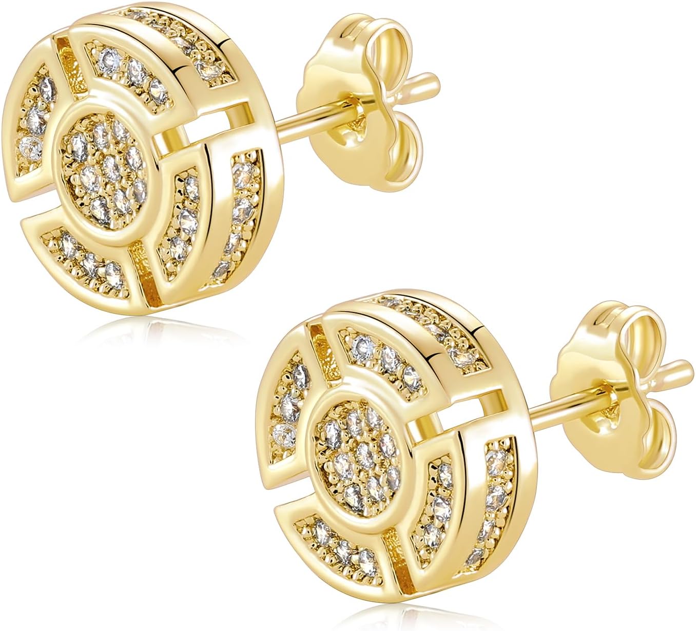 14k Gold Plated Round Circle Mens Inlaid Cubic Zirconia Earrings Hip Hop Iced Out Push Back CZ Stud Earrings for Men