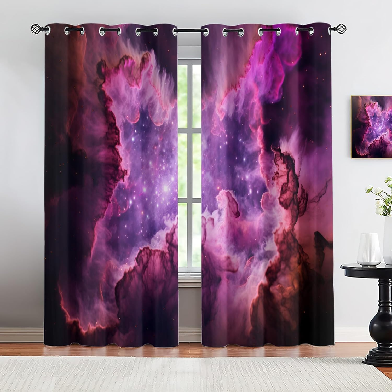 Nebula Cloud Blackout Curtains for Bedroom, Universe Space Grommet Window Curtains 84 inch Long, Noise Reducing Drapes for Living Room, Fantasy Purple Drapes, Galaxy Room Decor, 2 Panels