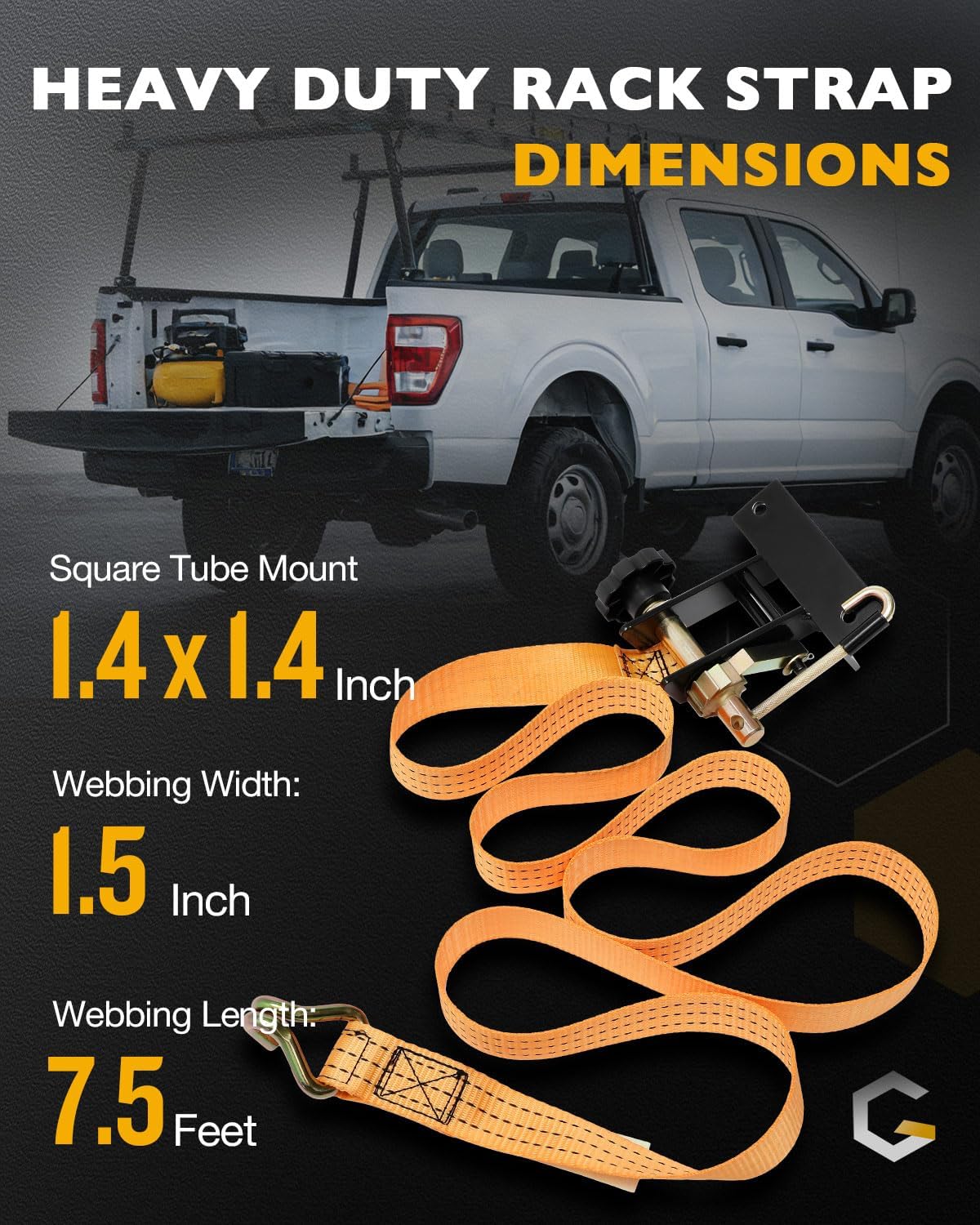 Pipe Rack Ratchet Straps, W/J-Hook (2PCS), 1.4" Black Square Tube Mount, 1.5" Wide x 7.5' Long, Orange Ladder Rack Ratchet Straps, 500 lbs Load Heavy Duty, Truck/Roof Rack Straps, Lumber Rack Strap