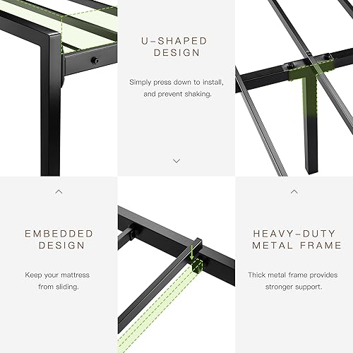 Miniatura 5 de Marco de cama de metal tamaño individual con cabecera tapizada, diseño geométrico de cuero de grano litchi, no necesita somier, color negro