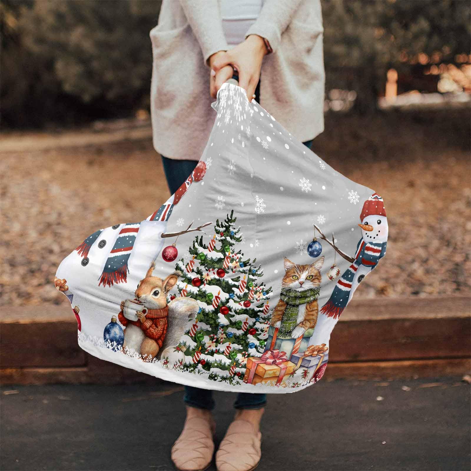 Nursing Cover for Breastfeeding Scarf, Xmas Tree Snowflakes Snowman Squirrel Cat Grey Baby Car Covers Super Soft Multi Use for Canopy Shopping Cart Cover Blanket Stroller Cover
