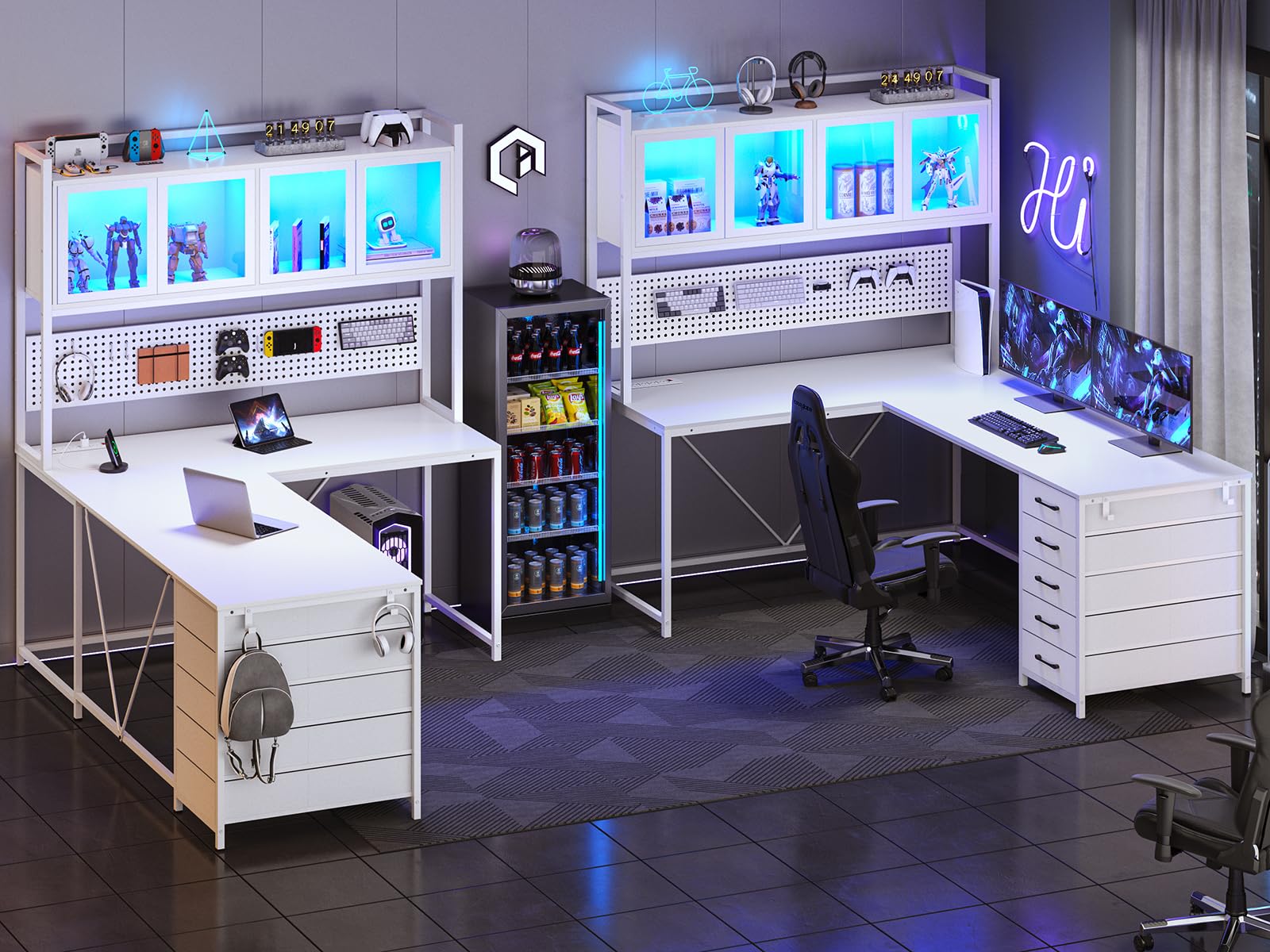SEDETA L Shaped Gaming Desk with Drawers, L Shaped Computer Desk with Hutch and Storage Shelves, Gaming Desk with Pegboard, Led Lights, and Power Outlet, Home Office Desk, Corner Desk,