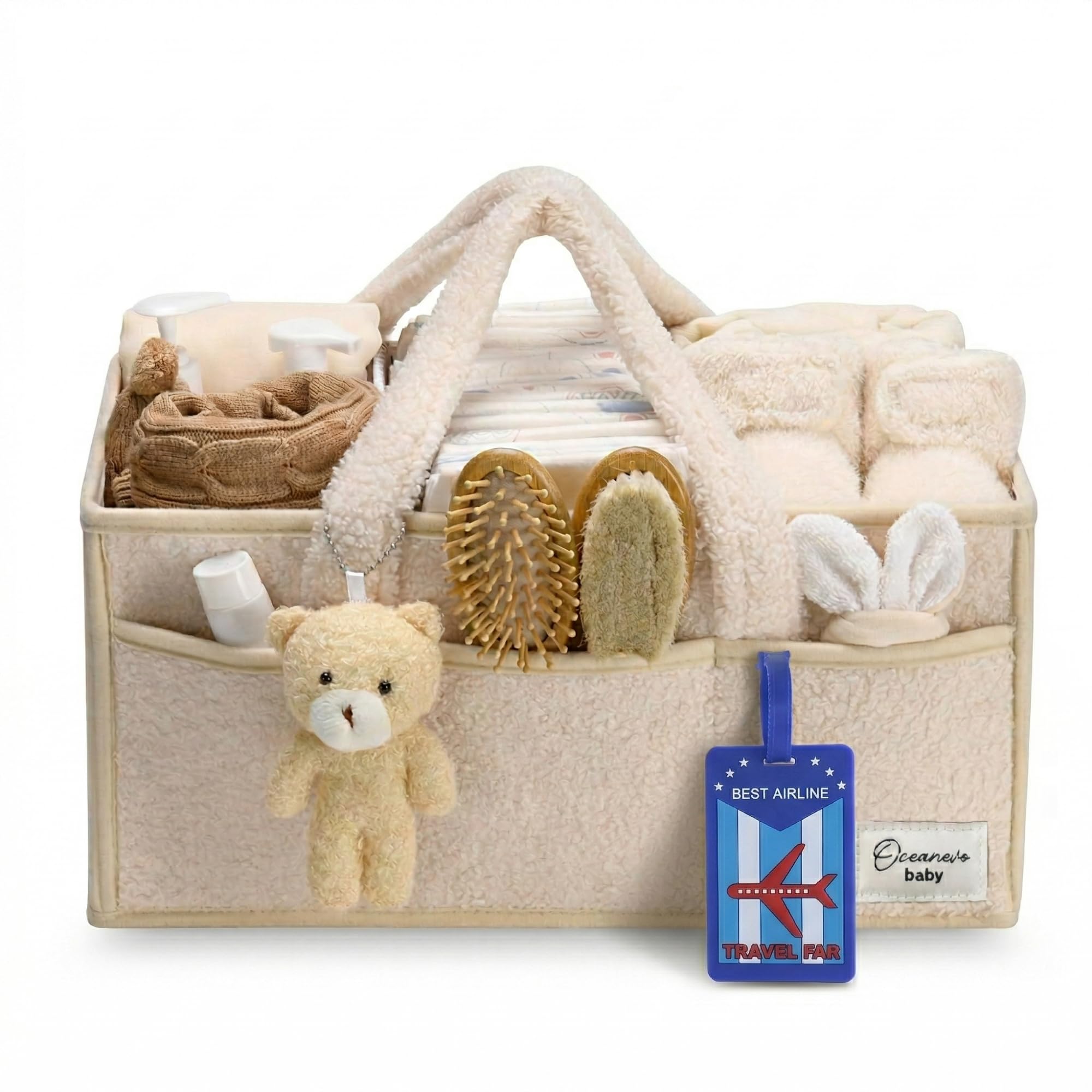 Cute Fur Diaper Caddy Organizer Bag WITH Luggage Tag AND Bear Charm, Baby Basket Essentials for Newborn Baby Products Storage with Compartments and Handle - 38 x 25 x 18 cm - Model 3 – Beige-image-4