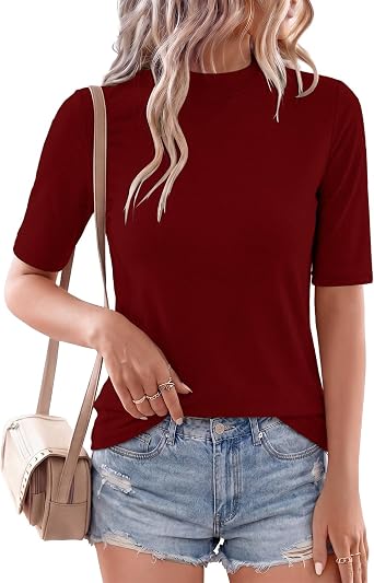 Elesomo Womens Fall Clothes Mock Neck Casual Short Sleeve T Shirts Basic Tee Tops