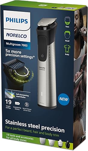 Vista 16 de Norelco Philips Multigroom serie 7000, recortadora todo en uno, recortadora de barba y cortapelos, kit de aseo para hombres de 19 piezas para barba