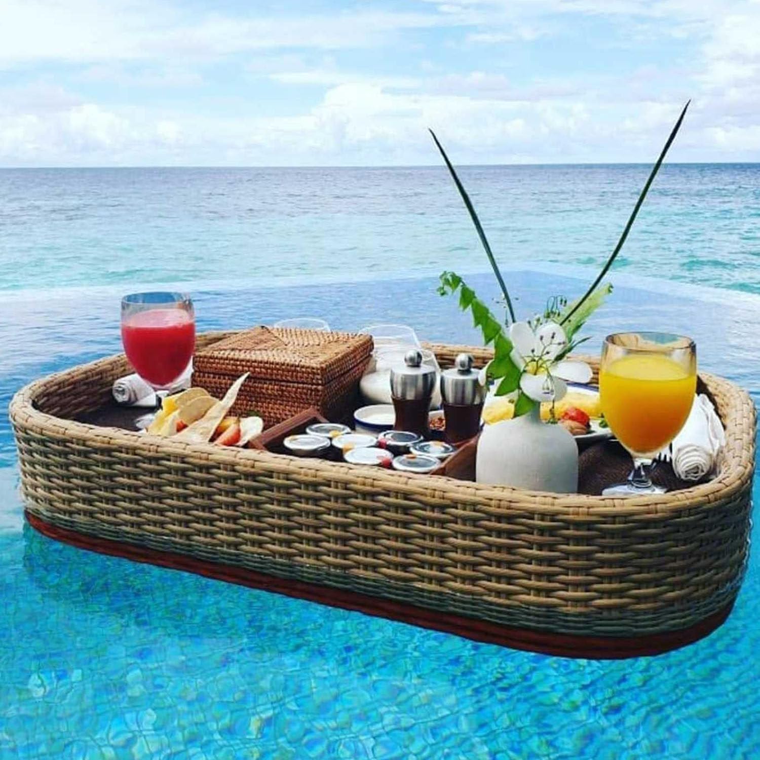 Swimming pool floating bar, Floating Serving Trays Table Bar Rattan Woven Floating Food Tray, Pool Serving Trays(Apricot,Rectangle)