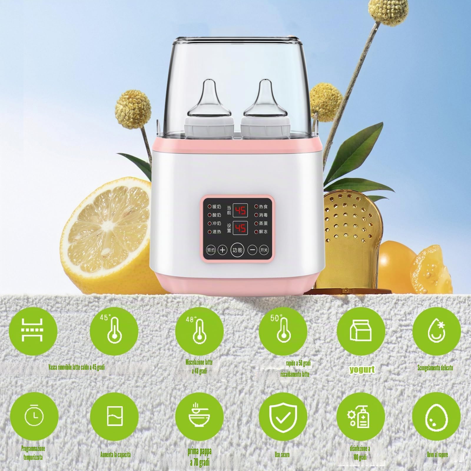 8 in 1 scaldabiberon, sterilizzatore per biberon, scaldabiberon rapido per neonati, scaldabagno e sbrinamento con display LCD, senza BPA, rosa