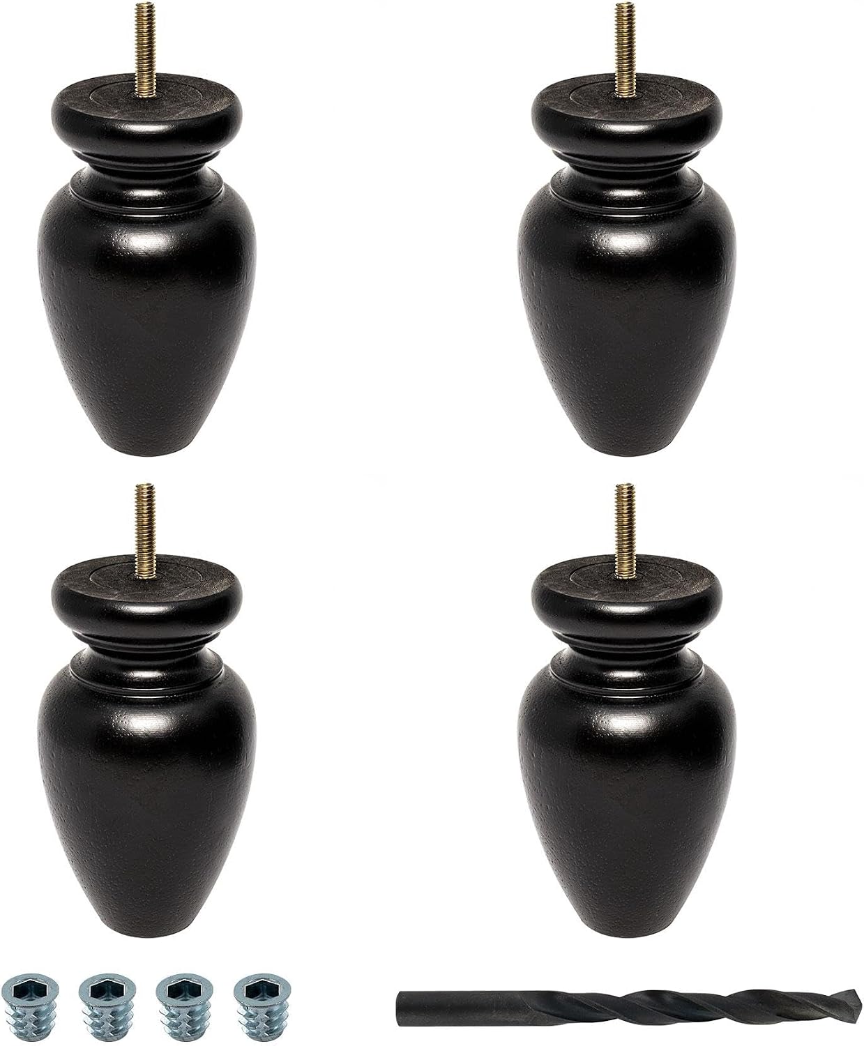 OUTWATER 5-1/2 in. H x 3-1/4 in. Dia Stained Espresso Solid Hardwood Bun Foot Leg for Furniture 4 Pack with 4 Free Insert Nuts and Drill Bit