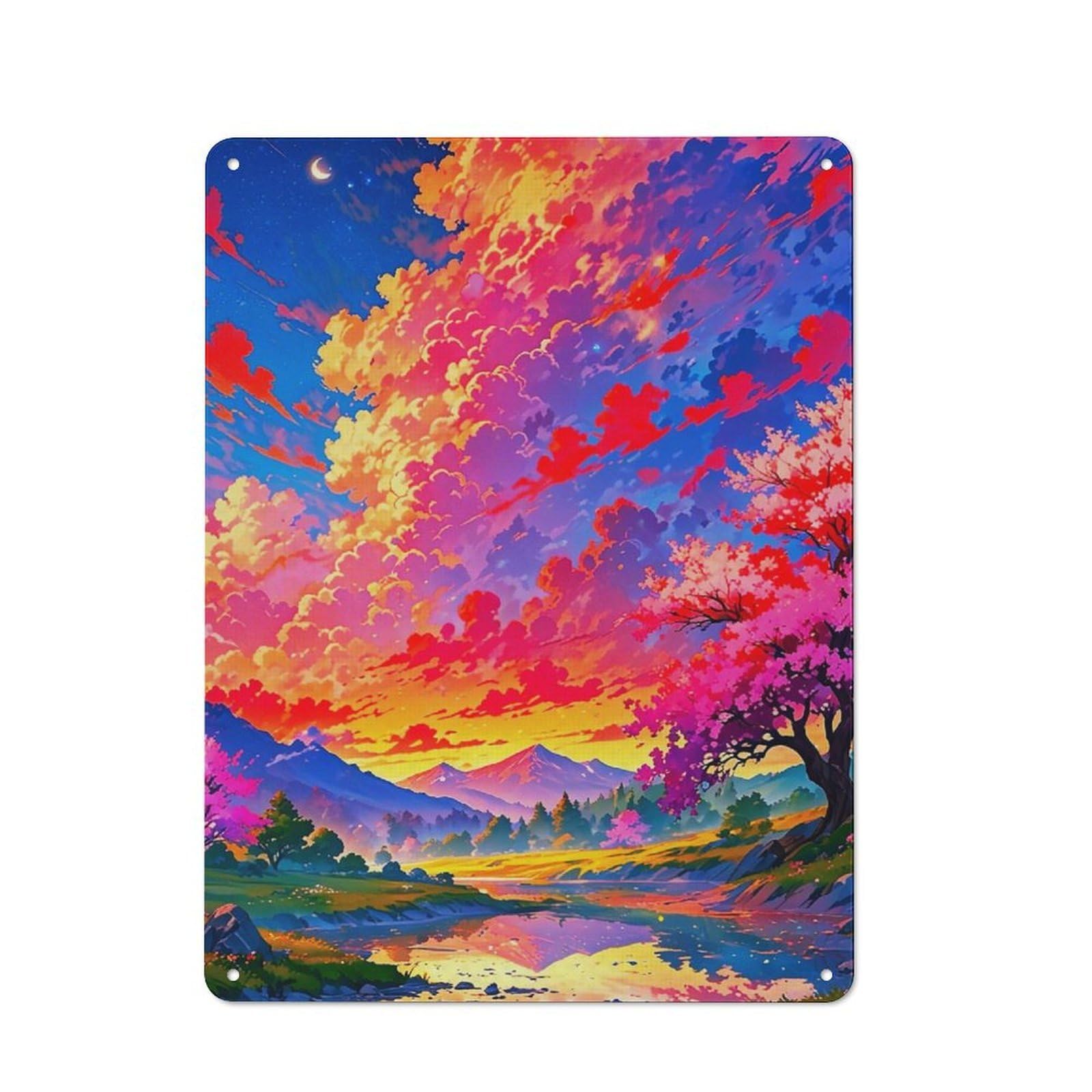 Junmoney Sunset Cherry Blossom Industrial-Style Tin Sign 40X30cm For Pub Or Café, Suited To Pub Decor Enthusiasts