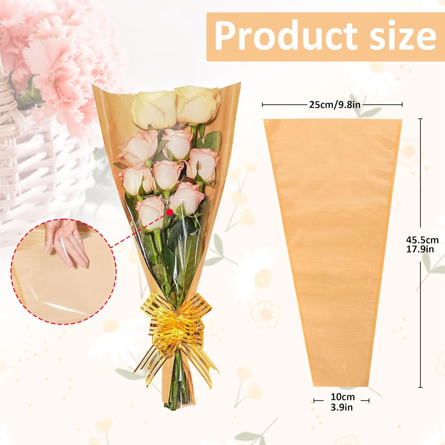 JOYIT Flower Bags for Bouquets, 100PCS Flower Wrapping Papers 9.8in x 18in, Kraft Flower Wrapping Bags, Floral Wrapping Paper Flower Sleeves for Mother's Day and Floral bouquets Packaging