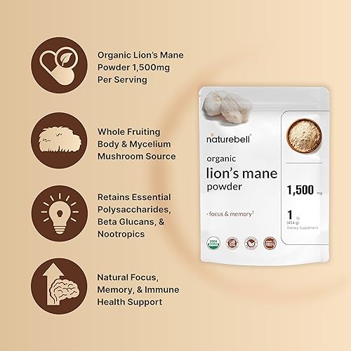 Miniatura 3 de NatureBell Polvo orgánico de melena de león 1,500 mg por porción, 1 libra  Cuerpo fructífero entero y fuente de hongos micelio - Suplemento de