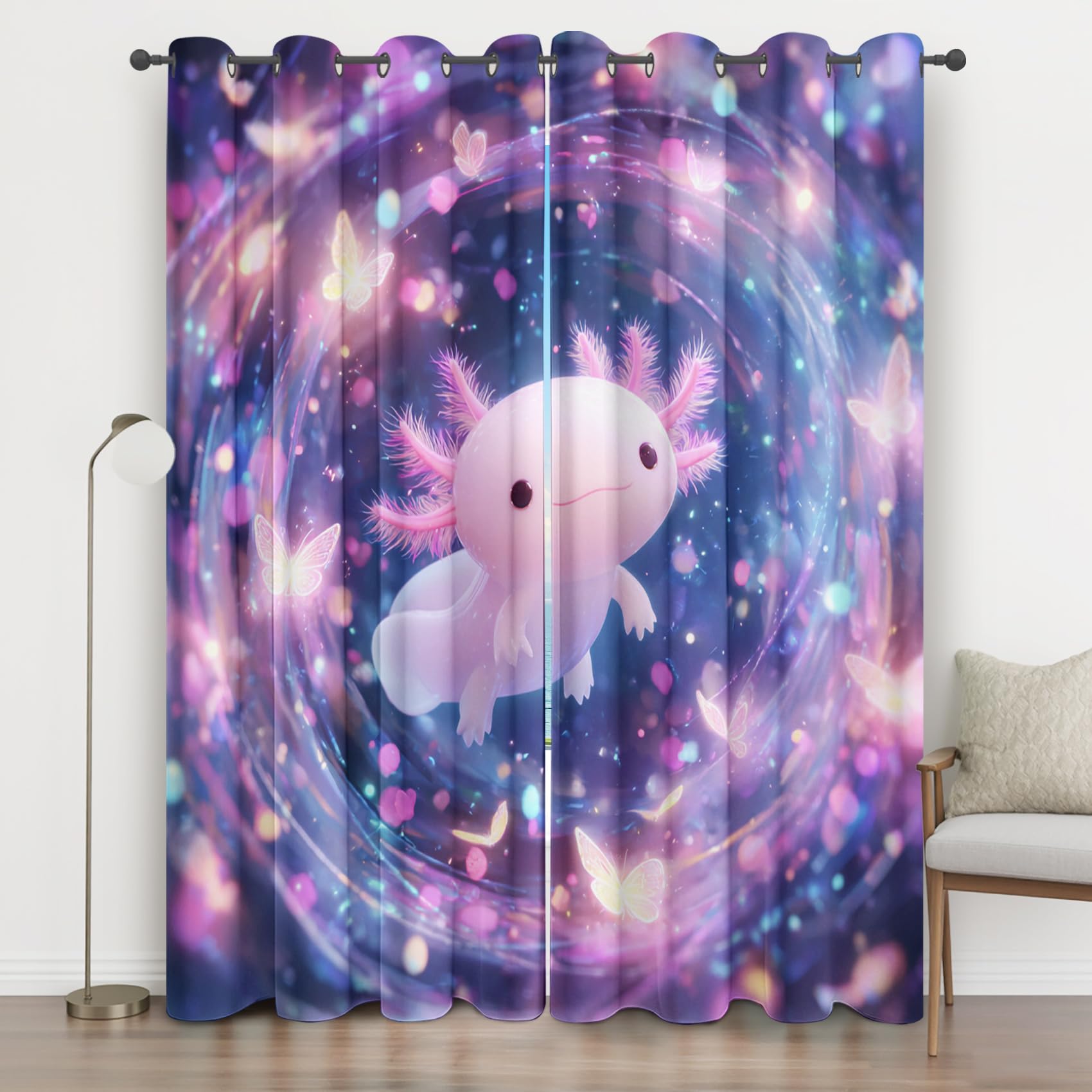 Süßer Axolotl Vorhänge Blickdicht, Schmetterling Fantasie Vorhang mit ösen für Wohnzimmer Schlafzimmer, Thermovorhang Kälteschutz Gardinen, Cartoon Tier Verdunklungsvorhänge 2er set B 200 x H 160 bN4