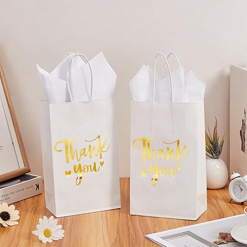 Miniatura 5 de DjinnGlory Paquete de 50 bolsas pequeñas de regalo de agradecimiento de papel de aluminio blanco y dorado con asas y 50 papel de seda blanco para