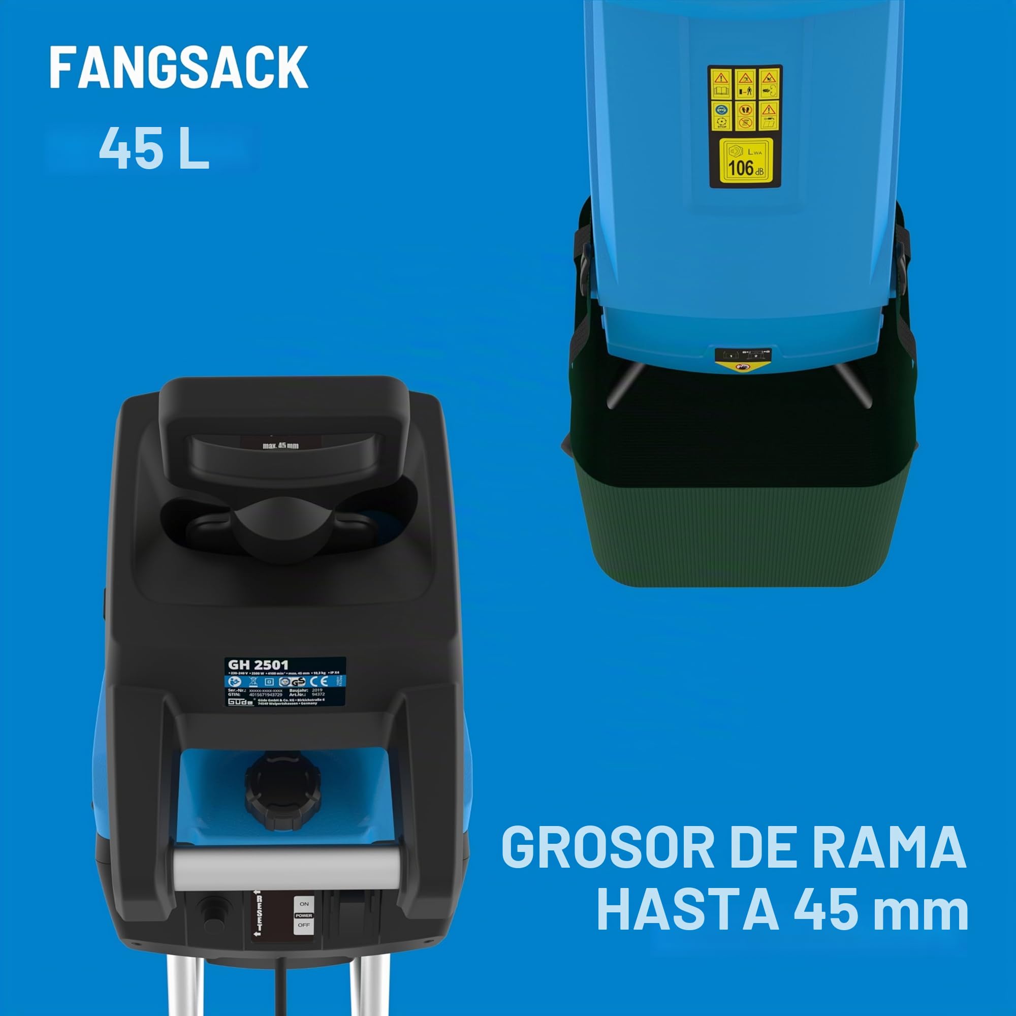 Güde Trituradora de jardín GH 2501 (2500 W, tecnología de cuchilla, bajo mantenimiento, autoalimentación, ruedas de transporte, protección contra sobrecarga, grosor máximo de rama 45 mm, incluye saco