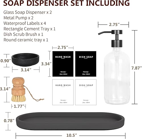 Miniatura 5 de Juego de 5 dispensadores de jabón de cocina de 16 onzas con bomba de acero inoxidable, bandeja de cemento, cepillo para fregar platos para