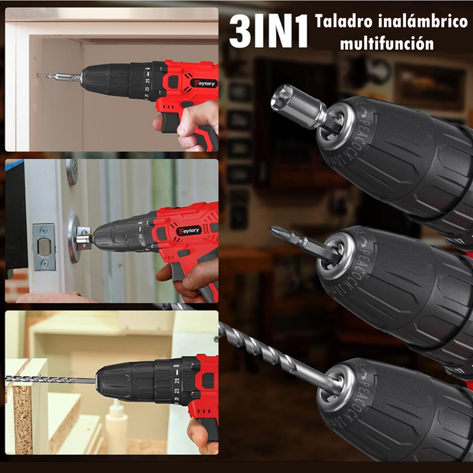 Taladro Atornillador 21V, 45N.m Atornillador Eléctrico, Taladro Combinado Inalámbrico con 25+1 de par de apriete, 2 x 1.5 Ah Batería, 29PCS Accesorios, 2 Velocidades, Luz LED,Cargador Rápido