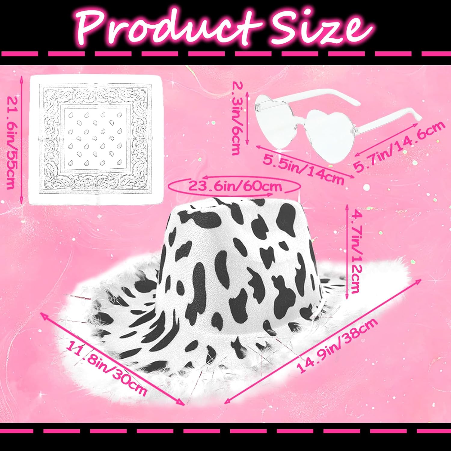 Cow Print Cowboy Hat with Feathers, Heart Sunglasses and Bandana for Women Western Party Cowgirl Costume Accessory - Image 2