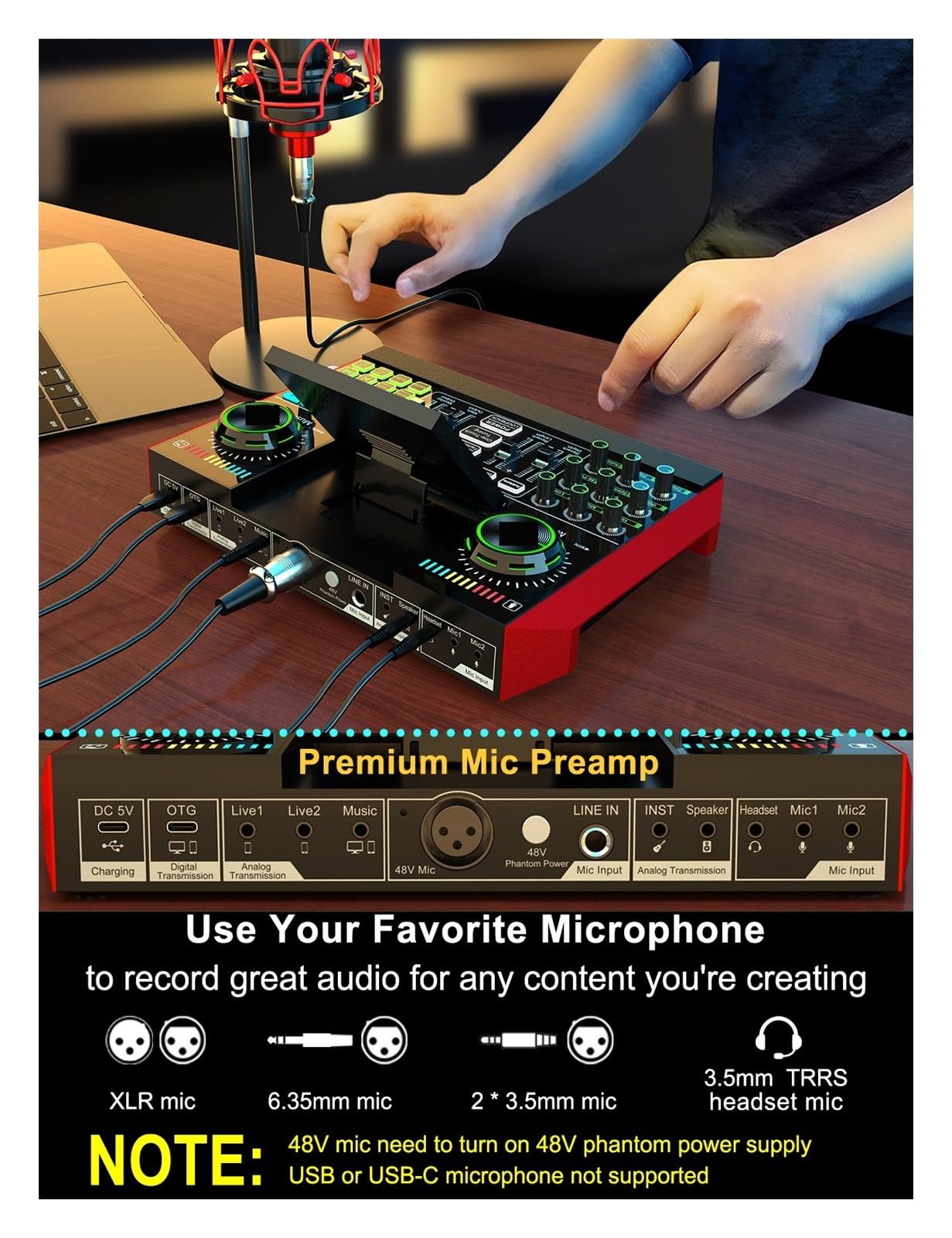 Micrófono de estudio Interfaz de audio USB Podcast Equipment Bundle Mixer & Vocal Effects, G10 Sound Card Board Voice Changer, DJ Mixer for Live Stream Mantenga la voz nítida