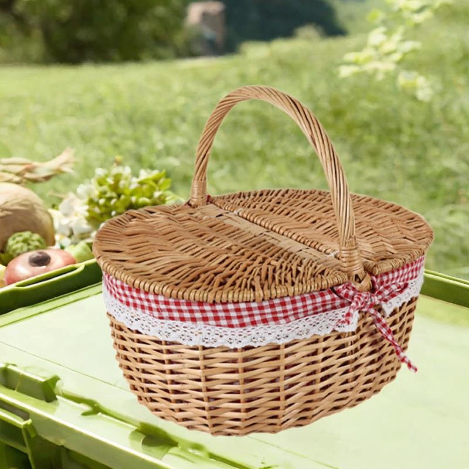 Cesta Picnic de Mimbre Cesta con Tapa Forro Removible Asa Manual Recomendada para Picnic Almacenamiento Obsequios Fotografía Juguetes, Rojo, Grande