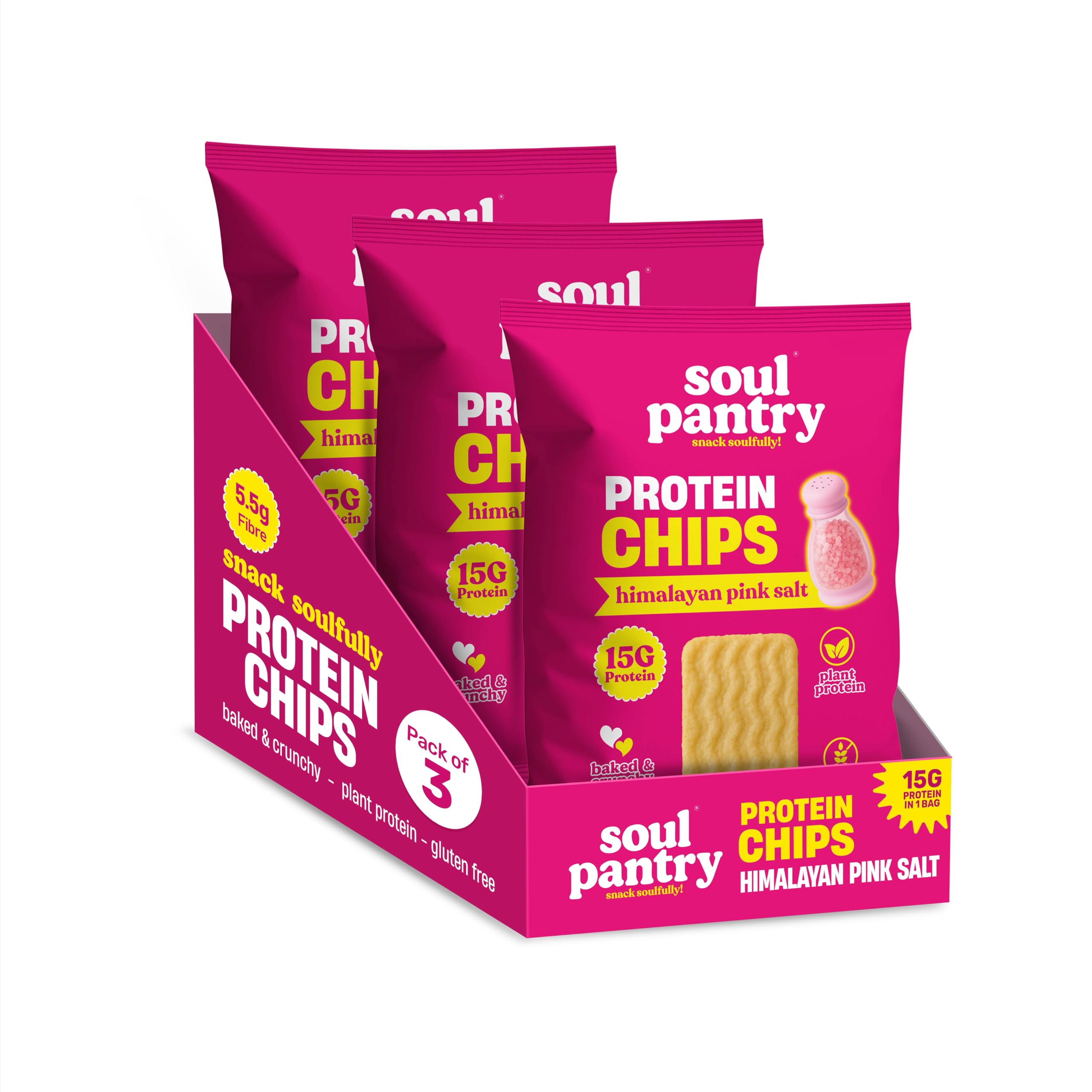 Soul Pantry Protein Chips – Himalayan Pink Salt - 3 Pack | High Protein, Gluten Free, Vegan, Healthy Snack | Plant-Based Baked Chips, Non-GMO |