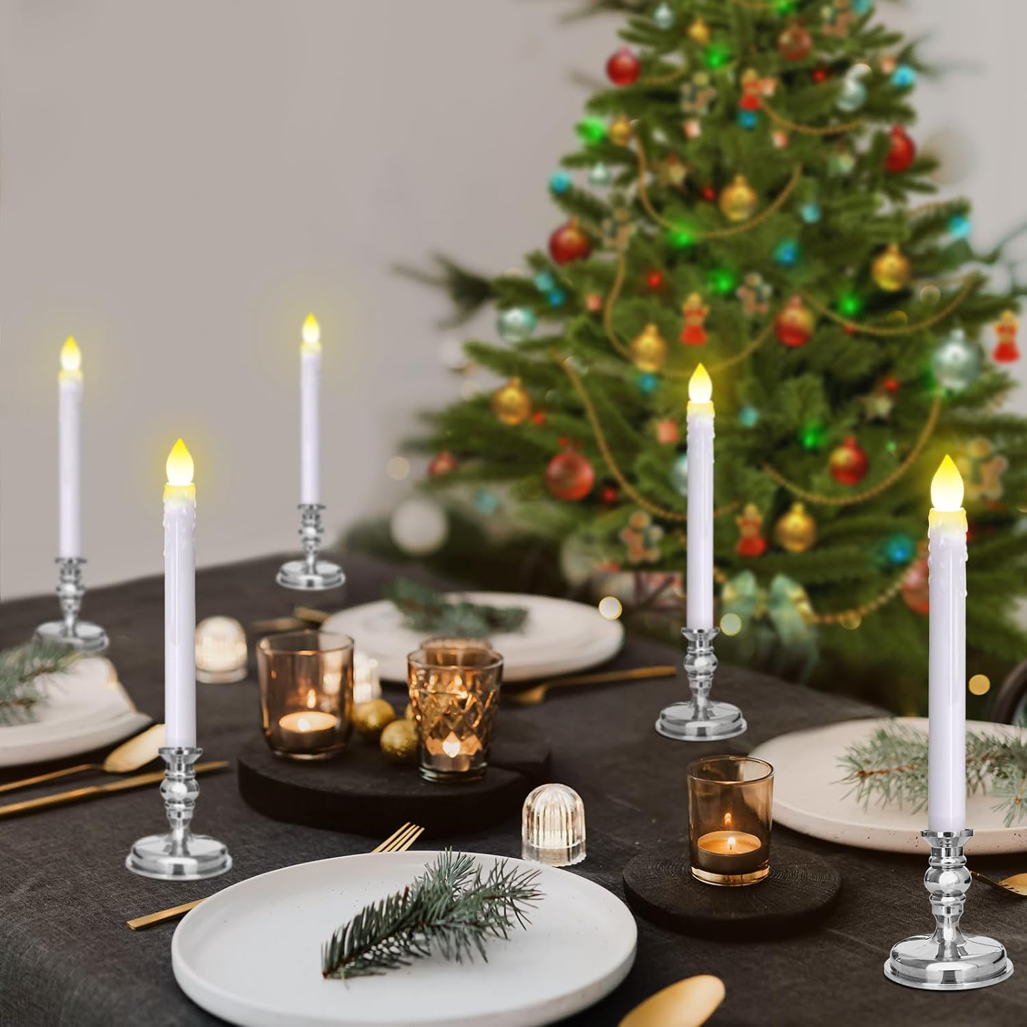Flameless LED 12 Pack Window Candles with Drip Texture,Removable Candle Holders,24 AAA Batteries,Daily Timer,ON/Off Remote,12 Window Suction Cups,Christmas Home Wedding Decor (Sliver)