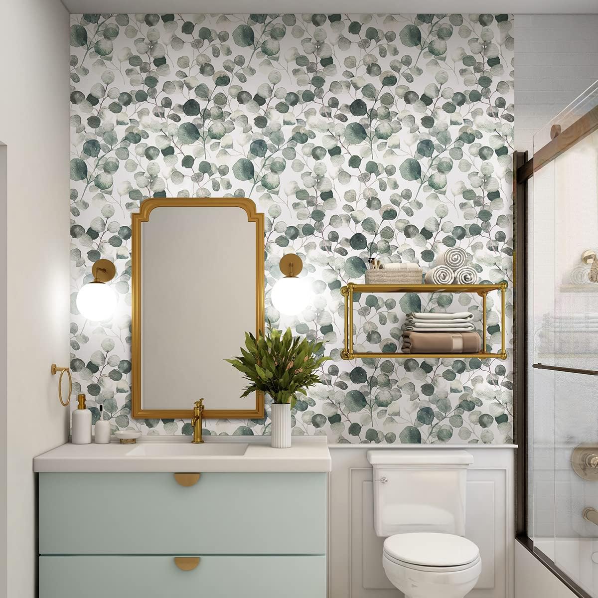 Peel and Stick Wallpaper Green Leaf Contact Paper 17.7inchx196.8inch Modern Eucalyptus Peel and Stick Wallpaper for Bedroom Bathroom Green Self Adhesive Contact Paper Floral Botanical Decorative