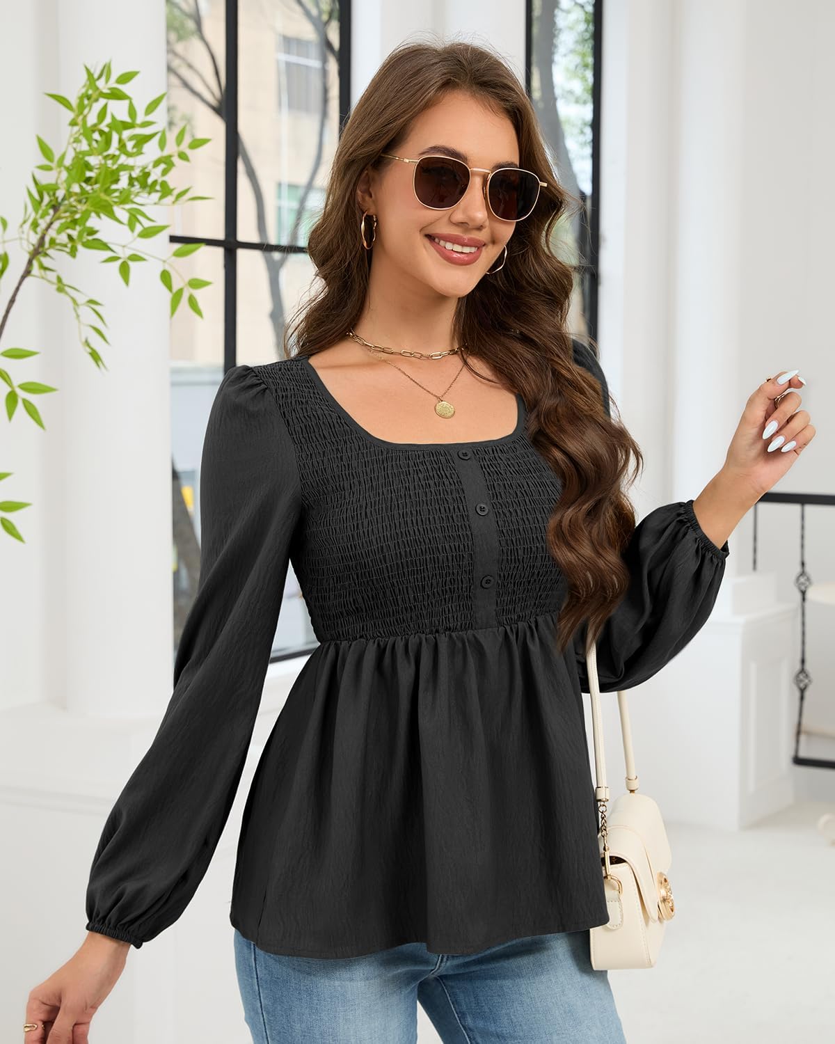 HEYTALALA Womens Peplum Tops Square Neck Smocked Puff Long Sleeve Blouses Babydoll Shirts 2025 Fall Dressy Casual Clothes - Image 4