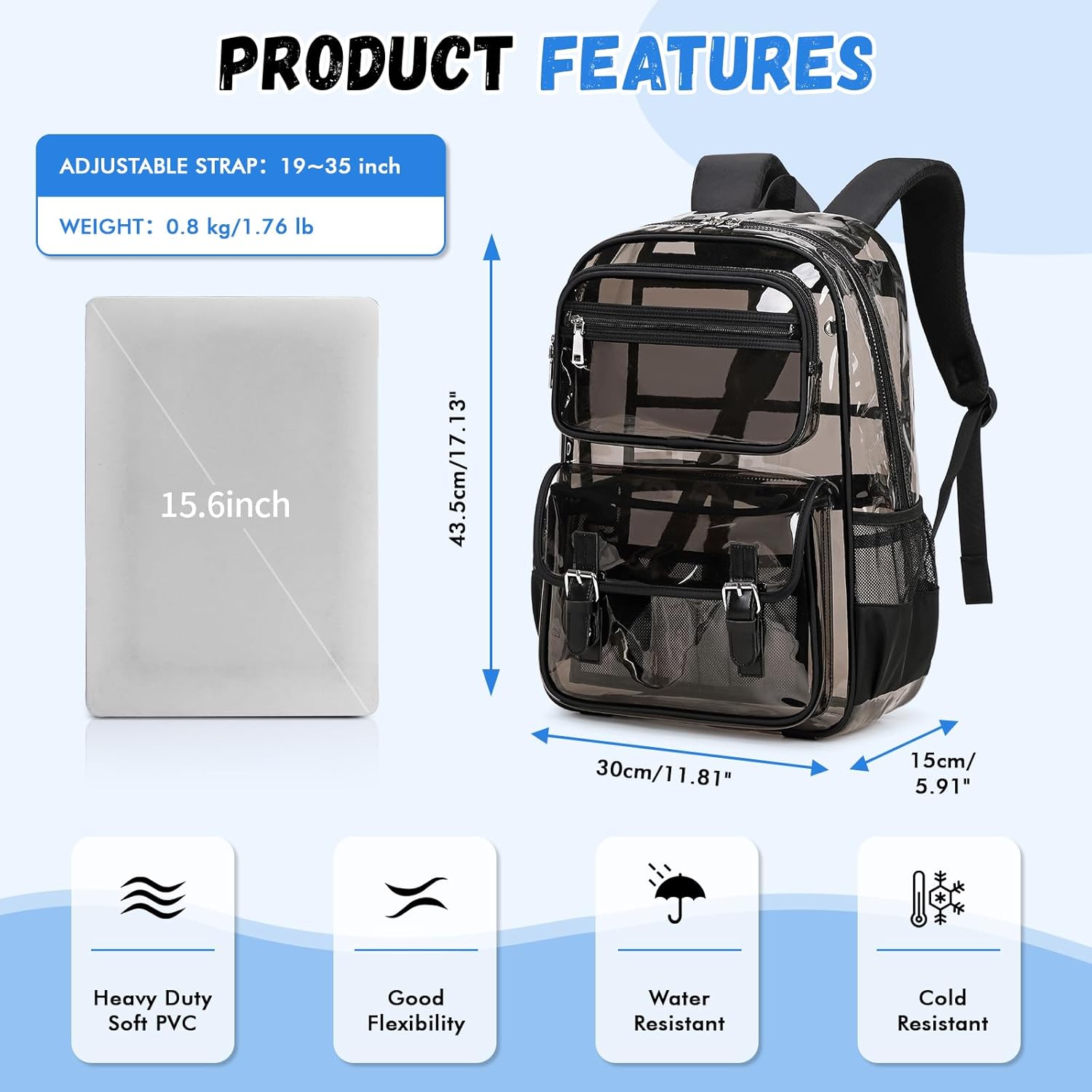 Large Clear Backpack Transparent Heavy Duty School PVC Bookbag See Through Bag Boys and Girls for College Work Travel Security, Semi Black - Image 2