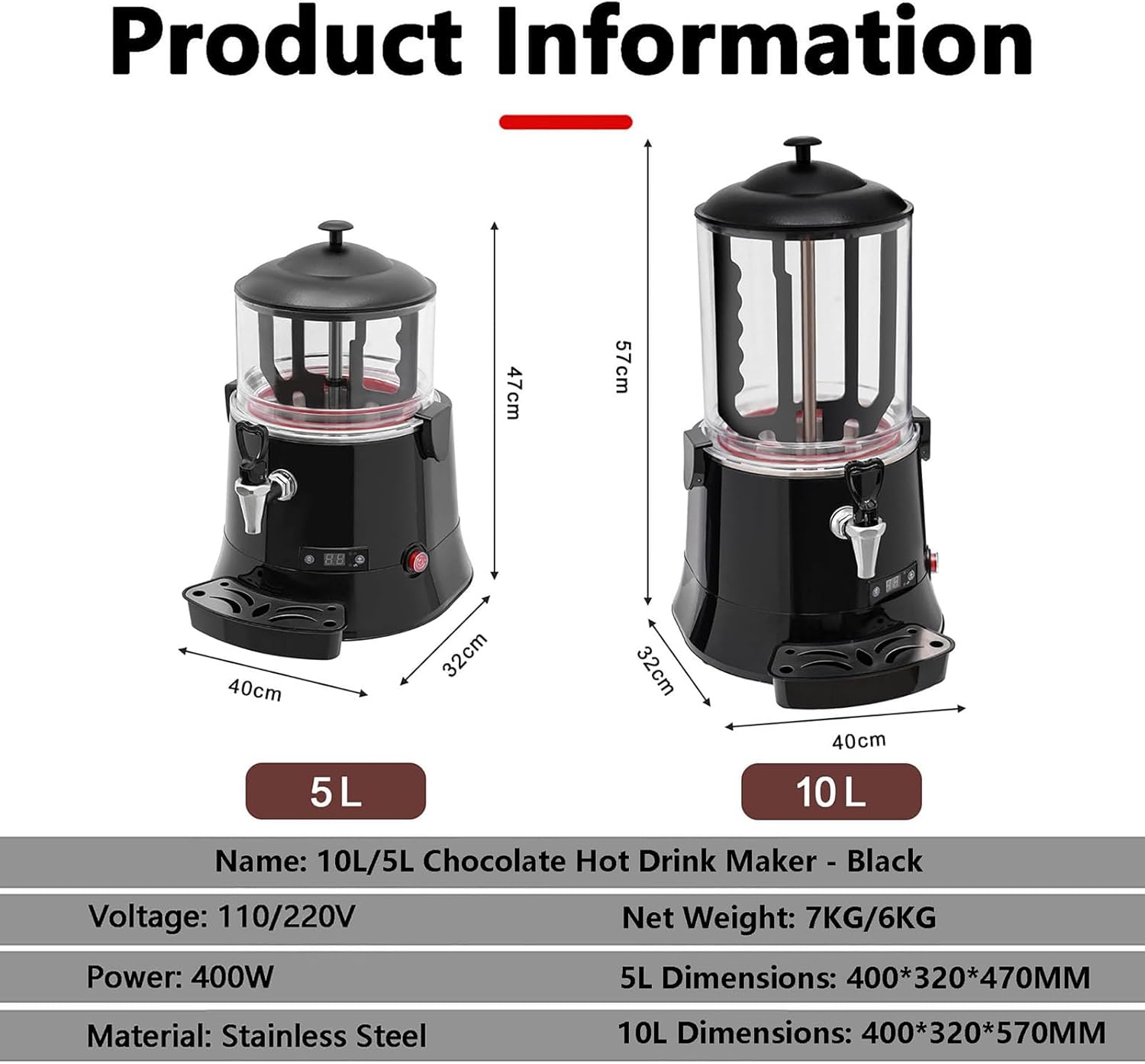 5L/10L Commercial Hot Chocolate Machine 30-90℃ Intelligent Temperature Control, Hot Beverage Dispenser Maker for Heating Chocolate Coffee Milk(Size:5L,Color:Black)