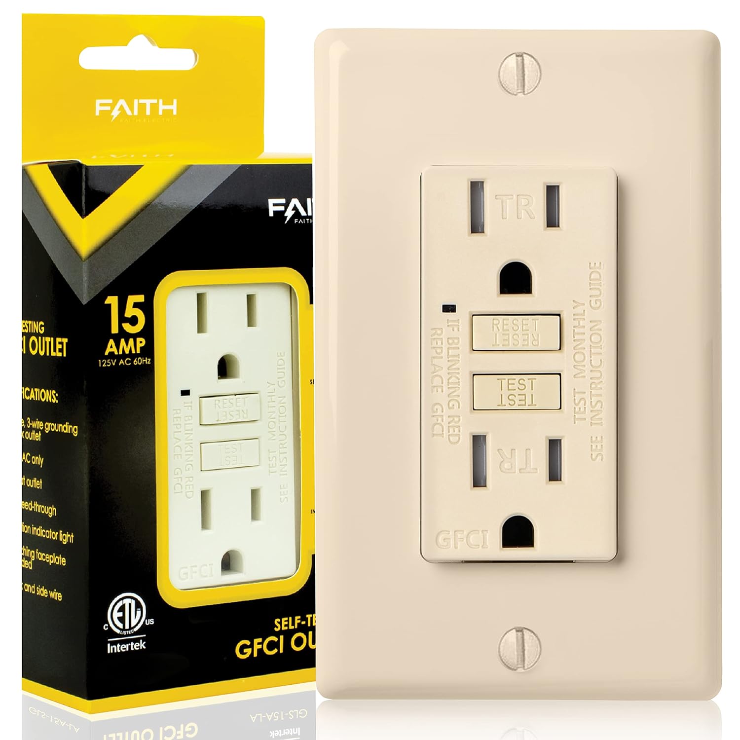 Faith 15A GFCI Outlet, ETL Listed, Tamper-Resistant GFI Duplex Receptacles with LED Indicator, Self-Test Ground Fault Circuit Interrupter with Wall Plate, 1-Pack, Ivory