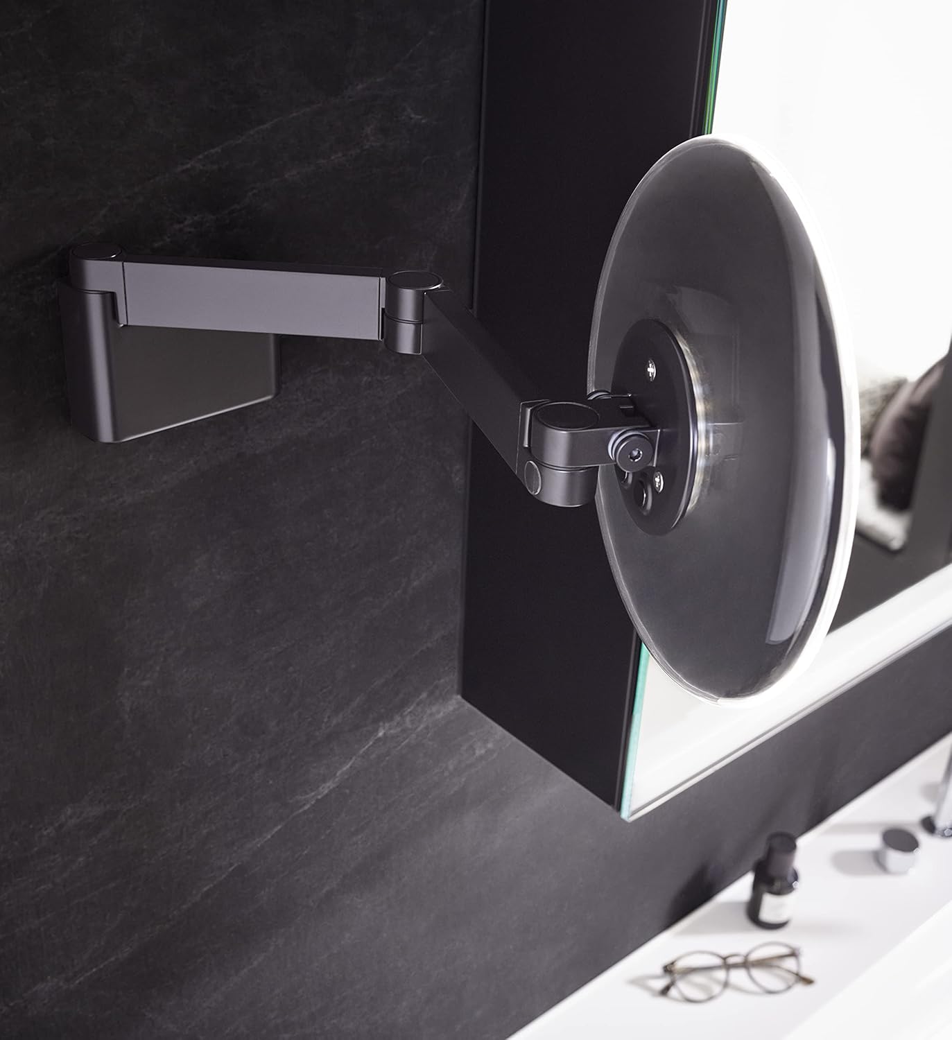 Emco EVO LED Vanity Mirror Double Articulated Arm Round Vanity Mirror with Lighting Wall Mounted Dimmable Magnifying Mirror (5X)