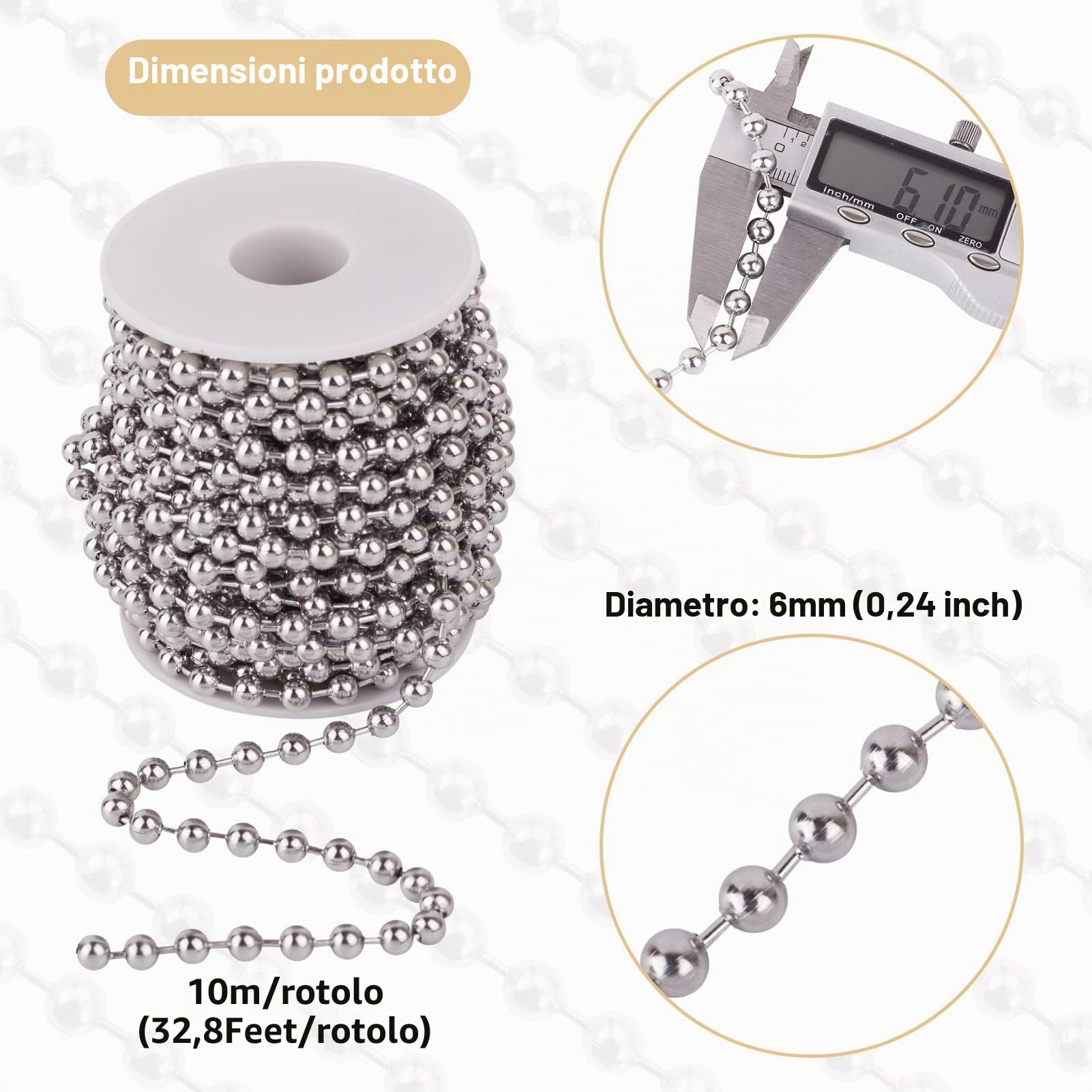 PandaHall - Catena con perline a sfera in acciaio INOX, lunghezza 6 mm, lunghezza regolabile, per realizzare collane fai da te, in acciaio INOX